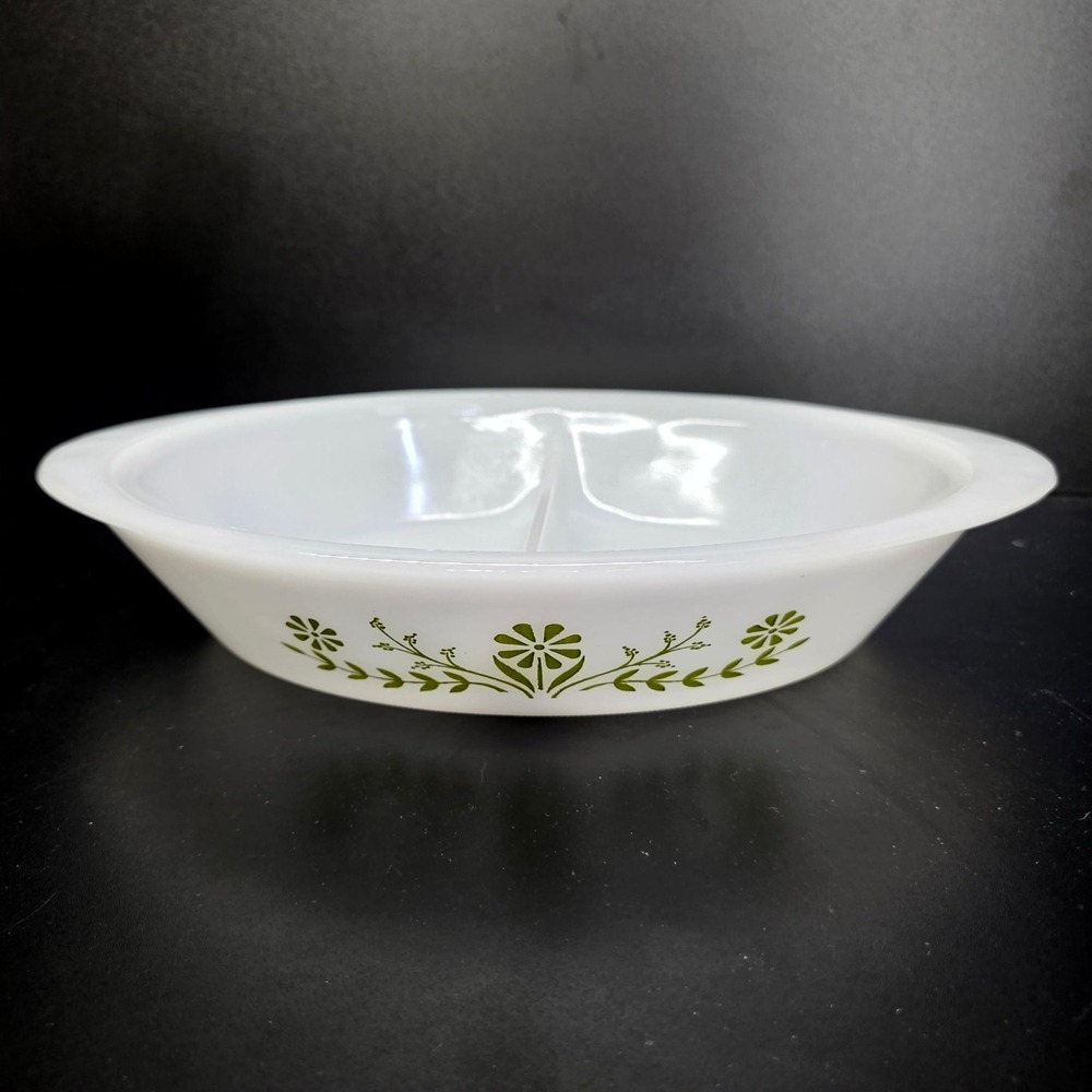 Glasbake Divided Serving Dish 12" White Green Daisy Floral Vintage J2352 Baking